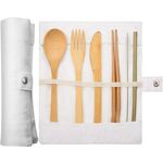 Set di bacchette cucchiaio forchetta coltello da tavola creativo in paglia di bambù da 2 pezzi con borsa di stoffa