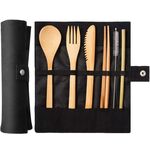 2 pezzi da viaggio creativi bambù paglia stoviglie coltelli forchetta cucchiaio bacchette set con sacchetto di stoffa (nero)