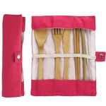 Set di stoviglie creative da viaggio in paglia di bambù, coltelli, forchetta, cucchiaio, bacchette con borsa di stoffa (rosa)