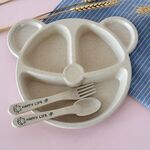 3 pezzi / set Ciotola per bambini + cucchiaio + forchetta Alimentazione cibo Stoviglie Orso dei cartoni animati Piatti per bambini che mangiano stoviglie (set beige)