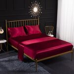 Home Set di lenzuola con lenzuolo piatto in quattro pezzi di seta di simulazione di seta del ghiaccio, dimensioni: US-Queen / UK-K: 153x203x40cm (rosso vino)
