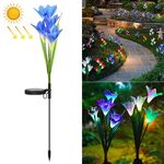 Fiore di giglio simulato 4 teste Lampada da giardino decorativa a LED impermeabile IP55 alimentata a energia solare, luce colorata (blu)