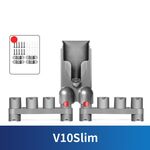 Supporto da parete per aspirapolvere Dyson V10 Slim, può contenere fino a 10 accessori.