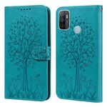 Per OPPO A32 / A33 / A52 / A52S Tree & Deer Pattern Stampa pressata stampa orizzontale flip custodia in pelle (blu)