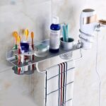 Scaffale per asciugacapelli dorato in alluminio con portaspazzolino