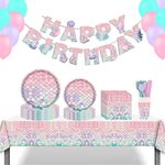 9 in 1 Forniture per feste di compleanno con sirena a squame di pesce Set di posate per piatti di carta velina (vestito da 16 persone)