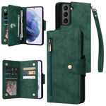 Per Samsung Galaxy S21 5G Fibbia Rivet 9 Case di telefoni in pelle a tre volte (verde)