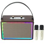 Altoparlante Bluetooth esterno retrò audio karaoke con effetti di luce colorata in pelle, stile: doppio microfono (marrone)