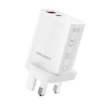 Rock T51 30W Type-C / USB-C + USB PD Dual Porte Caricatore di ricarica veloce Caricabatterie da viaggio Adattatore di alimentazione, spina uk (bianco)