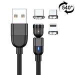 1m 3A Uscita 3 in 1 USB a 8 pin + USB-C / Type-C + Micro USB Cavo di ricarica per sincronizzazione dati magnetica rotante da 540 gradi (nero)