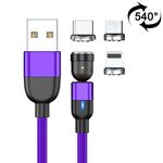 2m 3A Uscita 3 in 1 USB a 8 pin + USB-C / Type-C + Micro USB Cavo di ricarica per sincronizzazione dati magnetica rotante di 540 gradi (viola)