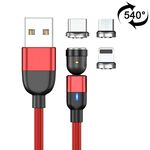 2m 3A Uscita 3 in 1 USB a 8 pin + USB-C / Type-C + Micro USB Cavo di ricarica per sincronizzazione dati magnetica rotante di 540 gradi (rosso)