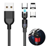 2m 2A Uscita 3 in 1 USB a 8 pin + USB-C / Type-C + Micro USB Cavo di ricarica magnetico con rotazione intrecciata in nylon (nero)