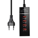 Adattatore per caricabatterie 5V 4.1A 4 porte USB con cavo di alimentazione, lunghezza cavo: 1,5 m, spina europea (nero)