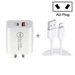 SDC-18W 18W PD 3.0 Type-C / USB-C + QC 3.0 USB Dual Fast Charging Caricabatterie da viaggio universale con USB a 8 PIN Cavo di ricarica rapido Cavo di ricarica, Plug AU