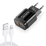 LZ-023 Caricabatterie da viaggio portatile USB QC 3.0 da 18 W + cavo dati da 3A USB a 8 pin, spina europea (nero)