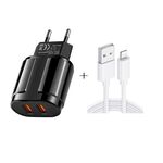 Caricabatterie da viaggio portatile Dual USB + cavo dati USB a 8 pin da 1 metro, spina UE (nero)