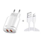 Caricabatterie da viaggio portatile dual USB + cavo dati USB a 8 metri a 8 metri, spina UE (bianco)