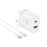 Yesido YC46 PD20W Caricatore da viaggio USB-C/Type-C + USB con cavo da 1 m da Type-C a 8 pin, spina UK (bianco)