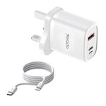 Yesido YC51 Caricatore da viaggio USB-C/Type-C + USB + 8 pin da 30 W con cavo da Type-C a 8 pin da 1 m, spina UK (bianco)