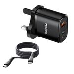 Yesido YC51 Caricatore da viaggio USB-C/Type-C + USB + 8 pin da 30 W con cavo da 1 m da Type-C a 8 pin, spina UK (nero)