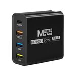 Ma-Ant Caricabatterie a ricarica rapida multiporta USB-C/Tipo-C+3 USB da 60 W, Spina: Spina UE (Nero)