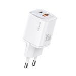 USAMS CC254 Caricatore rapido GaN a doppia porta USB+USB-C/Type-C da 30 W, spina europea (bianco)