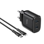 Caricabatterie da viaggio doppio USB-C/Type-C Yesido YC54 con cavo da USB-C/Type-C a 8 pin da 1 m, spina EU (nero)