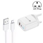 PD04 Type-C + USB Caricabatteria per telefono cellulare con cavo da USB a 8 pin, spina UK (bianco)