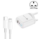 PD04 Tipo-C + USB Caricabatteria per telefono cellulare con cavo da tipo C a 8 pin, spina UK (bianco)