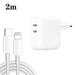 Caricabatterie a doppia porta USB-C/tipo-C da 35 W PD3.0 con cavo dati da tipo C a 8 pin da 2 m, spina europea
