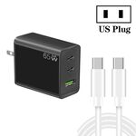 Caricatore GaN PD65W Type-C x 2 + USB 3.0 con cavo dati da Type-C a Type-C, spina USA (nero)