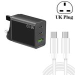 Caricatore GaN PD65W tipo C x 2 + USB 3.0 con cavo dati da tipo C a tipo C, spina UK (nero)