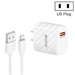 Caricabatterie rapido USB TE-005 QC3.0 da 18 W con cavo da USB a 8 pin da 3 A da 1 m, spina americana (bianco)