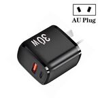 Caricatore doppia porta USB PD30W USB-C / Type-C + QC3.0 per iPhone serie 15 / iPad, spina AU (nero)