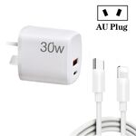 Caricatore USB PD30W USB-C / Type-C + QC3.0 con cavo dati da Type-C a 8 pin da 1 m, spina AU (bianco)