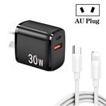 Caricatore USB PD30W USB-C / Type-C + QC3.0 con cavo dati da Type-C a 8 pin da 1 m, spina AU (nero)