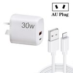 Caricatore USB PD30W USB-C / Type-C + QC3.0 con cavo dati da USB a 8 pin da 1 m, spina AU (bianco)