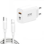 PD30W USB-C / Type-C + 8 pin + caricatore USB con cavo data da Type-C a 8 pin (spina UE)