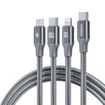 ROMOSS PD100W Cavo dati 3 in 1 da tipo C/USB-C a 8 pin e tipo C e linea di ricarica rapida micro 1,5 m (grigio)