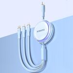 ROMOSS PD100W Cavo dati retrattile 3 in 1 da tipo C/USB-C a 8 pin e tipo C e linea micro 1,1 m (blu)