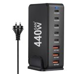 Caricabatterie da viaggio con adattatore di alimentazione USB GaN da 440 W con 3 porte USB, 5 porte PD, spina AU (nero)