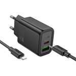 Set caricabatterie hoco N63 PD30W+QC3.0 con cavo da 1 m tipo C a 8 pin, specifiche: spina UE (nero)