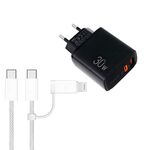 Caricabatterie PD31 30W USB-C / Type-C + USB-A con cavo dati Type-C+8 Pin 2 in 1, spina UE (nero)