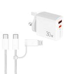 Caricabatterie PD31 30W USB-C / Type-C + USB-A con cavo dati Type-C+8 Pin 2 in 1, spina UK (bianco)
