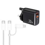 Caricabatterie PD31 30W USB-C / Type-C + USB-A con cavo dati Type-C+8 Pin 2 in 1, spina UK (nero)