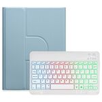 Per iPad 10.2 2021 / Air 2019 Retroilluminazione a tre colori Custodia in pelle per tastiera Bluetooth girevole a 360 gradi bianca (nebbia blu)
