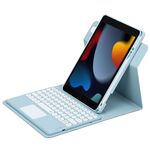 Per iPad 10.2 2021 / Air 2019 Pulsante rotondo Custodia in pelle con tastiera Bluetooth girevole a 360 gradi con touchpad (azzurro cielo)
