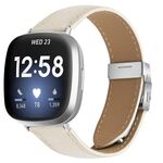 Cinturino per Fitbit Versa 3/4 in pelle con fibbia posteriore tartarugata argento e trama litchi (bianco crema)