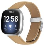 Cinturino per Fitbit Versa 3/4 in pelle con fibbia posteriore tartarugata argento e trama litchi (cammello)